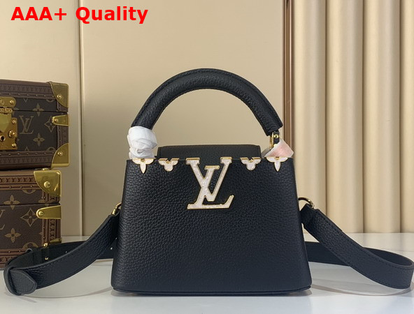 Louis Vuitton Capucines Mini Hanbag in Black Taurillon Leather Adorned with a Crown of Mother of Pearl Effect Monogram Flowers M11342 Replica