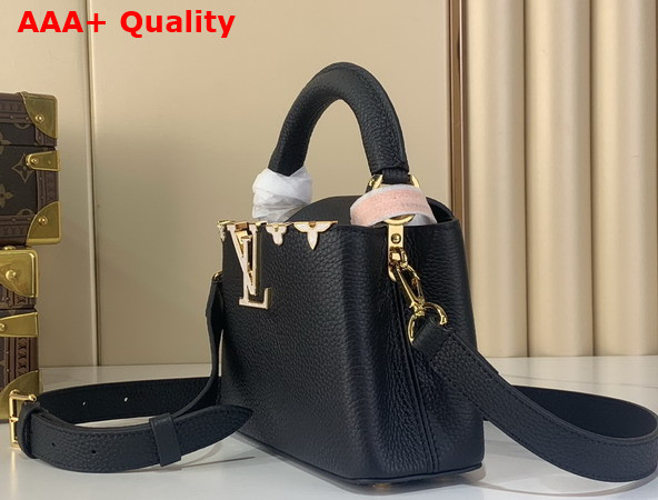 Louis Vuitton Capucines Mini Hanbag in Black Taurillon Leather Adorned with a Crown of Mother of Pearl Effect Monogram Flowers M11342 Replica