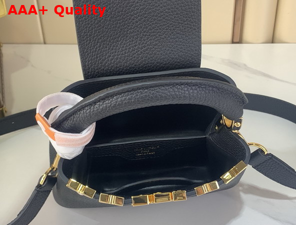 Louis Vuitton Capucines Mini Hanbag in Black Taurillon Leather Adorned with a Crown of Mother of Pearl Effect Monogram Flowers M11342 Replica