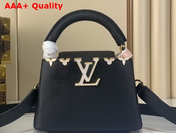 Louis Vuitton Capucines Mini Hanbag in Black Taurillon Leather Adorned with a Crown of Mother of Pearl Effect Monogram Flowers M11342 Replica