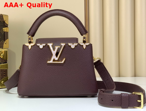Louis Vuitton Capucines Mini Hanbag in Bordeaux Taurillon Leather Adorned with a Crown of Mother of Pearl Effect Monogram Flowers Replica