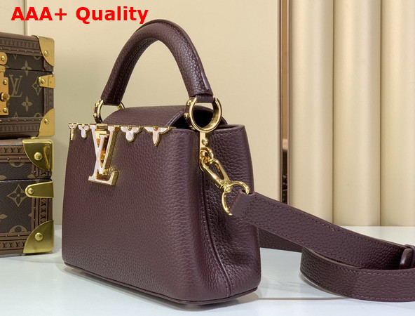Louis Vuitton Capucines Mini Hanbag in Bordeaux Taurillon Leather Adorned with a Crown of Mother of Pearl Effect Monogram Flowers Replica