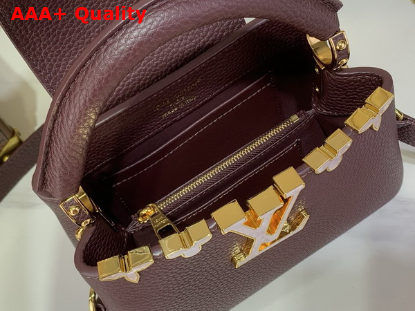 Louis Vuitton Capucines Mini Hanbag in Bordeaux Taurillon Leather Adorned with a Crown of Mother of Pearl Effect Monogram Flowers Replica