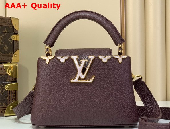 Louis Vuitton Capucines Mini Hanbag in Bordeaux Taurillon Leather Adorned with a Crown of Mother of Pearl Effect Monogram Flowers Replica