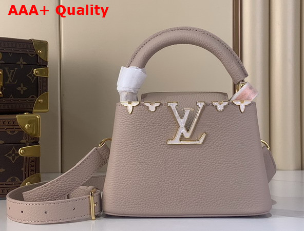 Louis Vuitton Capucines Mini Hanbag in Galet Grey Taurillon Leather Adorned with a Crown of Mother of Pearl Effect Monogram Flowers M11341 Replica