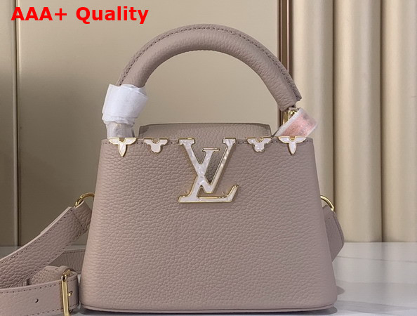 Louis Vuitton Capucines Mini Hanbag in Galet Grey Taurillon Leather Adorned with a Crown of Mother of Pearl Effect Monogram Flowers M11341 Replica