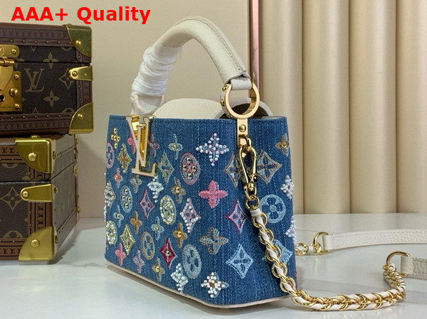Louis Vuitton Capucines Mini Handbag Bag in Monogram Denim Embroidered with Intricate Beads and Metallic Lurex Threads M12947 Replica