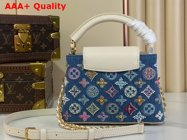 Louis Vuitton Capucines Mini Handbag Bag in Monogram Denim Embroidered with Intricate Beads and Metallic Lurex Threads M12947 Replica