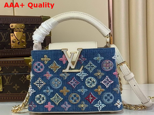Louis Vuitton Capucines Mini Handbag Bag in Monogram Denim Embroidered with Intricate Beads and Metallic Lurex Threads M12947 Replica