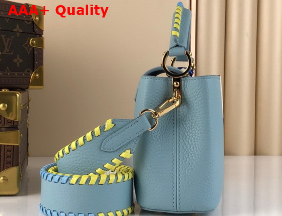 Louis Vuitton Capucines Mini Handbag Bleu Olympe Taurillon Leather Rainbow Color Leather Braided Into the Strap and Handle Replica