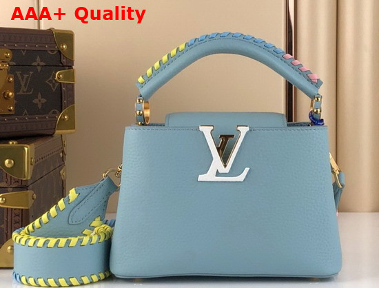 Louis Vuitton Capucines Mini Handbag Bleu Olympe Taurillon Leather Rainbow Color Leather Braided Into the Strap and Handle Replica