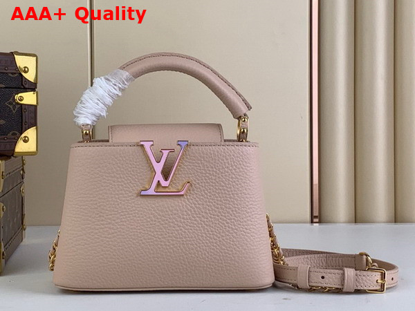 Louis Vuitton Capucines Mini Handbag Quartz White Taurillon Leather Gold Color and Multicolor Finish Hardware M23082 Replica