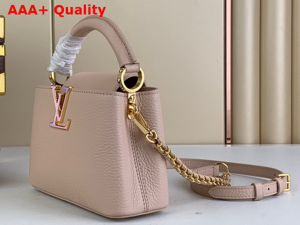 Louis Vuitton Capucines Mini Handbag Quartz White Taurillon Leather Gold Color and Multicolor Finish Hardware M23082 Replica