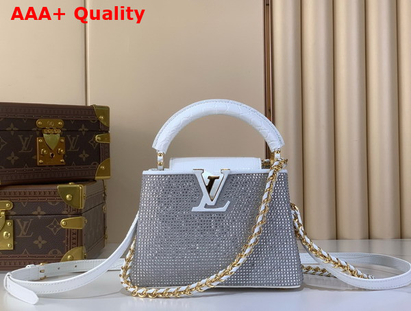 Louis Vuitton Capucines Mini Handbag Silver Cyrstals On Textile Wihte Crocodile Embossied Leather Trim Replica