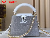 Louis Vuitton Capucines Mini Handbag Silver Cyrstals On Textile Wihte Crocodile Embossied Leather Trim Replica