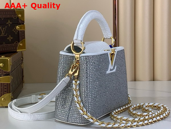 Louis Vuitton Capucines Mini Handbag Silver Cyrstals On Textile Wihte Crocodile Embossied Leather Trim Replica