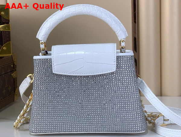 Louis Vuitton Capucines Mini Handbag Silver Cyrstals On Textile Wihte Crocodile Embossied Leather Trim Replica