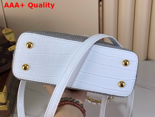 Louis Vuitton Capucines Mini Handbag Silver Cyrstals On Textile Wihte Crocodile Embossied Leather Trim Replica