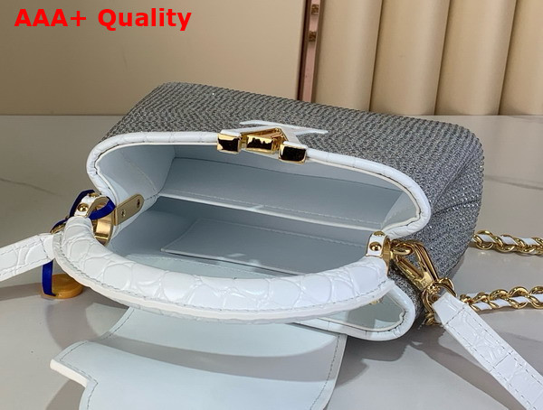 Louis Vuitton Capucines Mini Handbag Silver Cyrstals On Textile Wihte Crocodile Embossied Leather Trim Replica