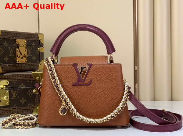 Louis Vuitton Capucines Mini Handbag Tan and Bordeaux Taurillon Leather with Hand Braided Chain Replica