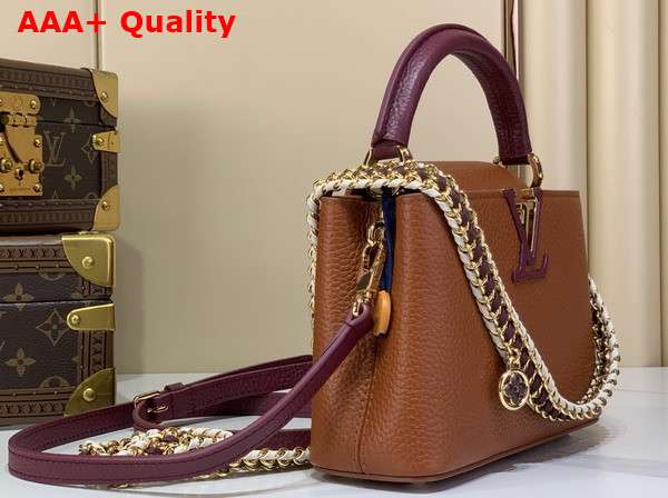 Louis Vuitton Capucines Mini Handbag Tan and Bordeaux Taurillon Leather with Hand Braided Chain Replica
