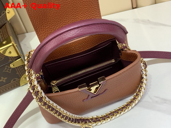 Louis Vuitton Capucines Mini Handbag Tan and Bordeaux Taurillon Leather with Hand Braided Chain Replica