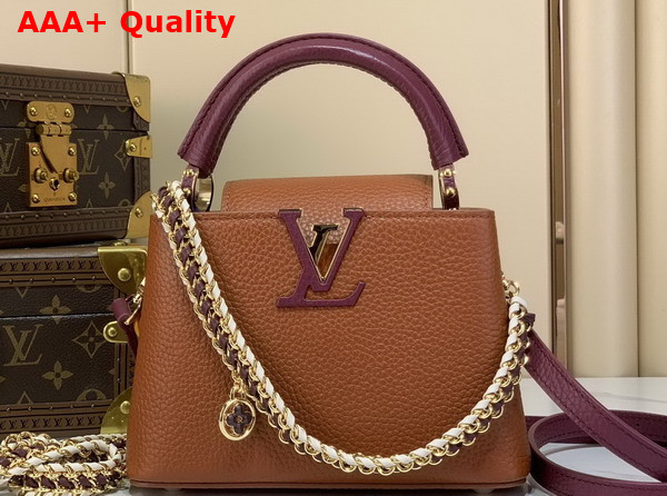 Louis Vuitton Capucines Mini Handbag Tan and Bordeaux Taurillon Leather with Hand Braided Chain Replica
