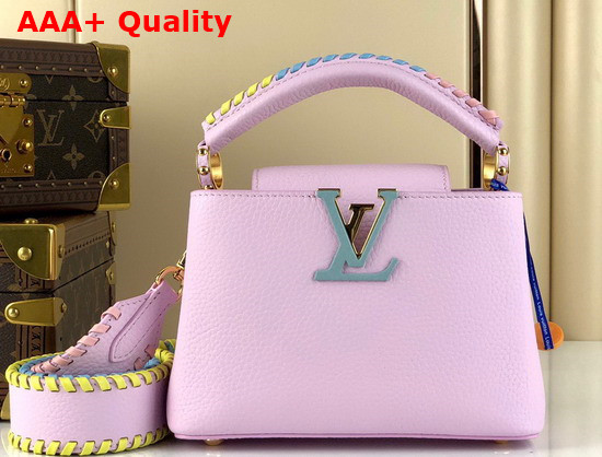 Louis Vuitton Capucines Mini Handbag Wisteria Light Pink Taurillon Leather Rainbow Color Leather Braided into the Strap and Handle M57945 Replica
