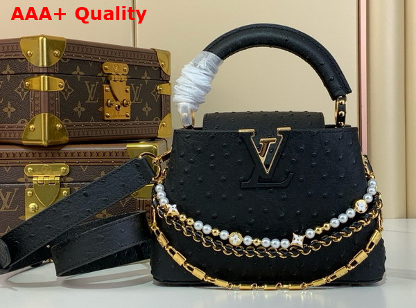 Louis Vuitton Capucines Mini Handbag in Black Ostrich Leather with Triple Chain Adornment Replica