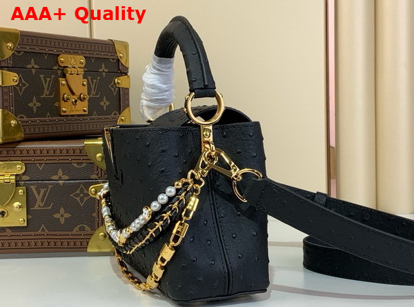 Louis Vuitton Capucines Mini Handbag in Black Ostrich Leather with Triple Chain Adornment Replica