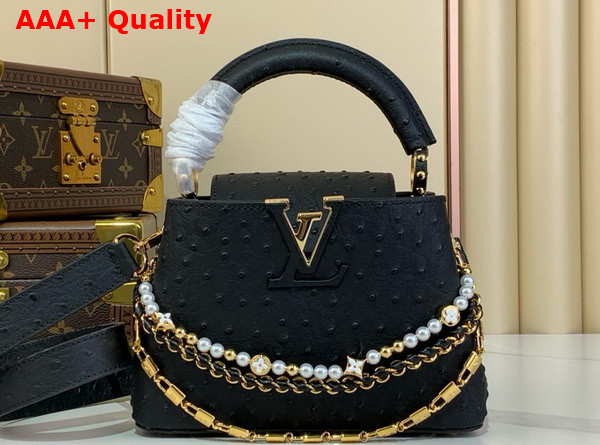 Louis Vuitton Capucines Mini Handbag in Black Ostrich Leather with Triple Chain Adornment Replica