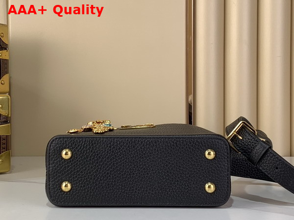 Louis Vuitton Capucines Mini Handbag in Black Taurillon Leather Embellished with Tonal LV Initials and a Decorative Stone Embellished Charm Replica