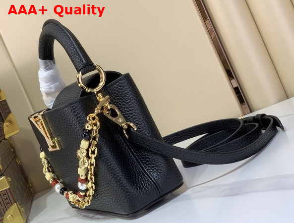 Louis Vuitton Capucines Mini Handbag in Black Taurillon Leather Embellished with Two Decorative Chains Replica