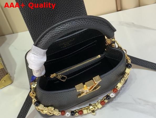 Louis Vuitton Capucines Mini Handbag in Black Taurillon Leather Embellished with Two Decorative Chains Replica