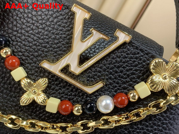 Louis Vuitton Capucines Mini Handbag in Black Taurillon Leather Embellished with Two Decorative Chains Replica
