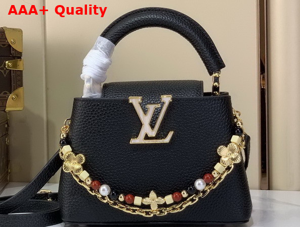 Louis Vuitton Capucines Mini Handbag in Black Taurillon Leather Embellished with Two Decorative Chains Replica
