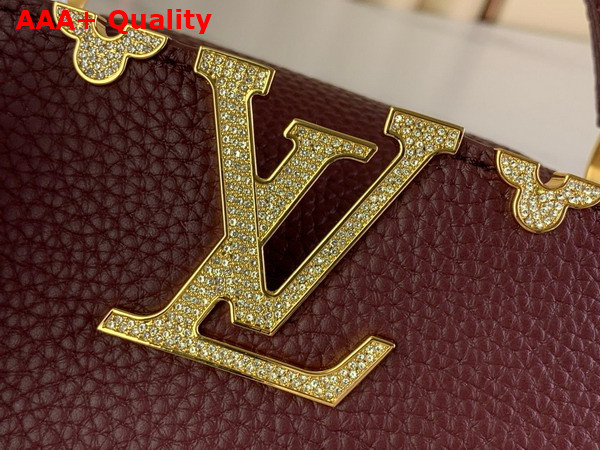 Louis Vuitton Capucines Mini Handbag in Burgundy Taurillon Leather with Gold Color Monogram Flowers Replica
