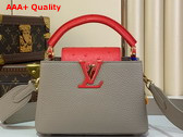 Louis Vuitton Capucines Mini Handbag in Galet Gray Grained Calfskin with Orange Ostrich Leather Trim Replica