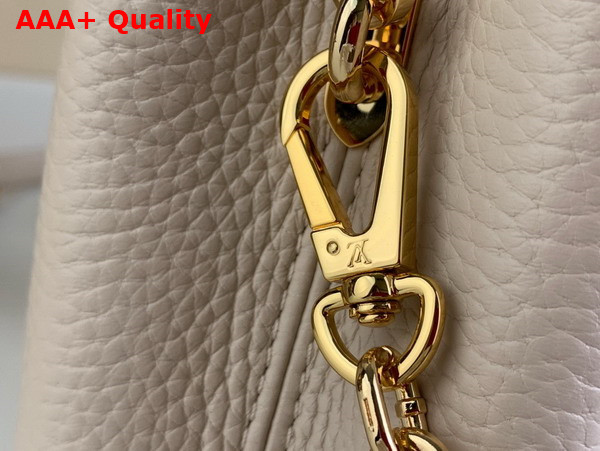 Louis Vuitton Capucines Mini Handbag in Galet Gray Taurillon Leather Gold Color Chain Adorned with Colored Monogram Flowers Replica