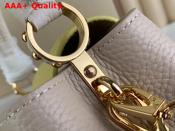 Louis Vuitton Capucines Mini Handbag in Galet Gray Taurillon Leather Gold Color Chain Adorned with Colored Monogram Flowers Replica