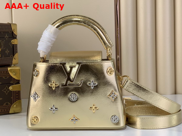 Louis Vuitton Capucines Mini Handbag in Golden Calfskin Leather with Metallic Studs M26258 Replica