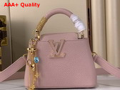 Louis Vuitton Capucines Mini Handbag in Jasmine Pink Taurillon Leather Embellished with Tonal LV Initials and a Decorative Stone Embellished Charm Replica