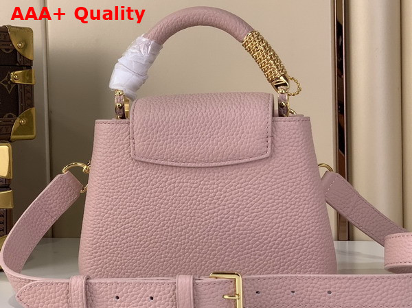 Louis Vuitton Capucines Mini Handbag in Jasmine Pink Taurillon Leather Embellished with Tonal LV Initials and a Decorative Stone Embellished Charm Replica