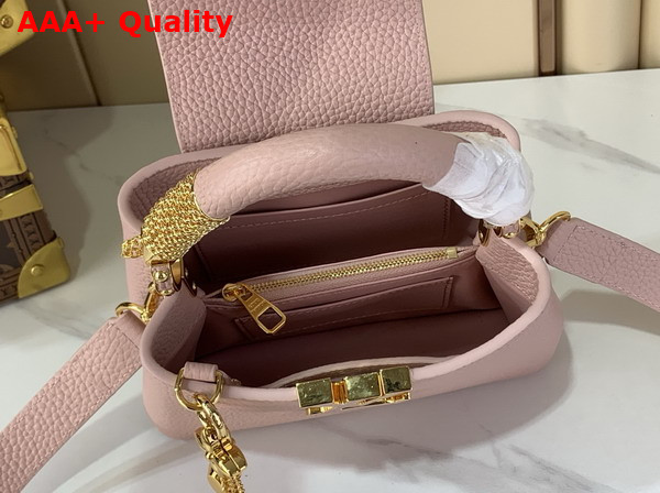 Louis Vuitton Capucines Mini Handbag in Jasmine Pink Taurillon Leather Embellished with Tonal LV Initials and a Decorative Stone Embellished Charm Replica