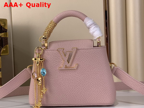 Louis Vuitton Capucines Mini Handbag in Jasmine Pink Taurillon Leather Embellished with Tonal LV Initials and a Decorative Stone Embellished Charm Replica