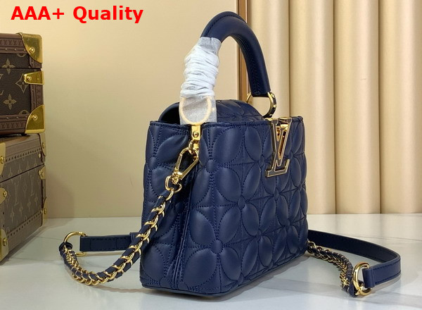 Louis Vuitton Capucines Mini Handbag in Navy Blue Lambskin Leather with Monogram Flowers Motif Replica