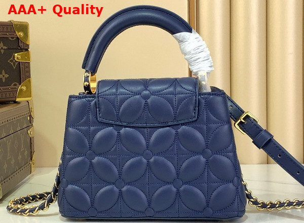 Louis Vuitton Capucines Mini Handbag in Navy Blue Lambskin Leather with Monogram Flowers Motif Replica