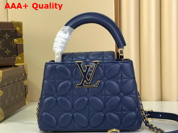 Louis Vuitton Capucines Mini Handbag in Navy Blue Lambskin Leather with Monogram Flowers Motif Replica