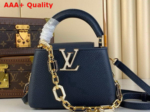 Louis Vuitton Capucines Mini Handbag in Navy Blue Taurillon Leather The Links are Decorated with Jewel Like Enamel Replica