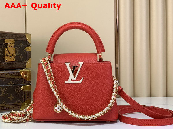 Louis Vuitton Capucines Mini Handbag in Rouge Orange Taurillon Leather with Hand Braided Chain M28691 Replica
